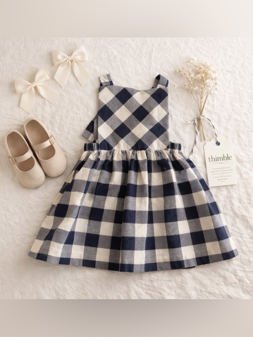 Thimble Midnight Gingham Dress NWT | Blue & Cream Pinafore | Boutique Cotton